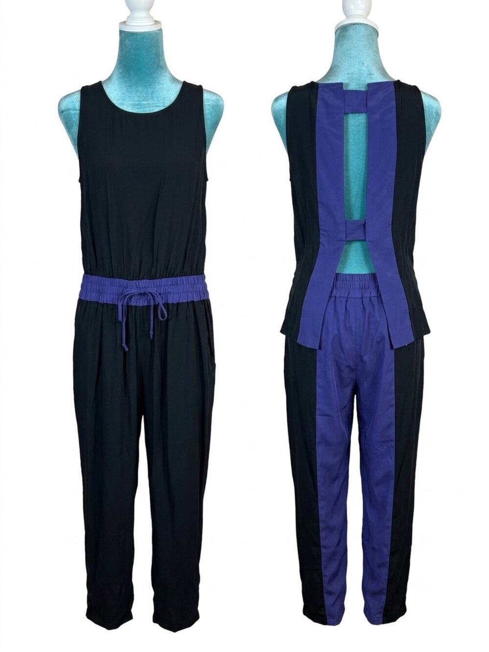 Parker 100% Silk Black Purple Drawstring Waist Sleeveless Jumpsuit S Minimalist